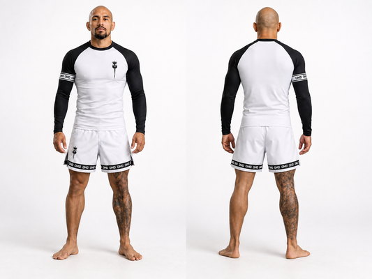 OpenMatDay Men's White Rash Guard + Shorts Kit