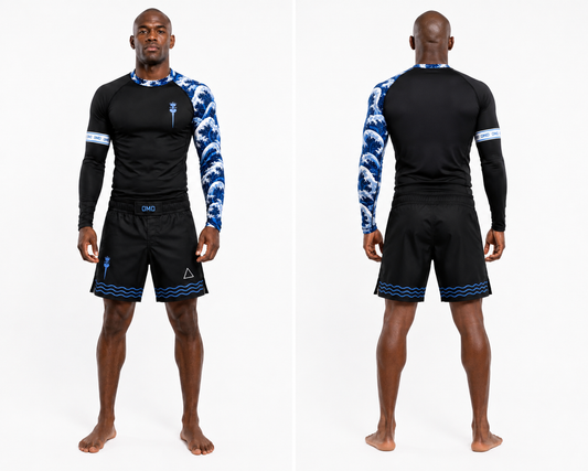 OpenMatDay Men's Black & Blue Rash Guard + Shorts Kit