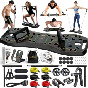 Portable Home Gym System: Large Compact Push Up Board, Pilates Bar & 20 Fitness Accessories with Resistance Bands Ab Roller Whee